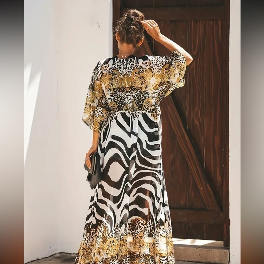 NIB NEW Women’s Maxi CoverUp Tiger Zebra Print Black White Gold TieFront - Picture 3 of 15